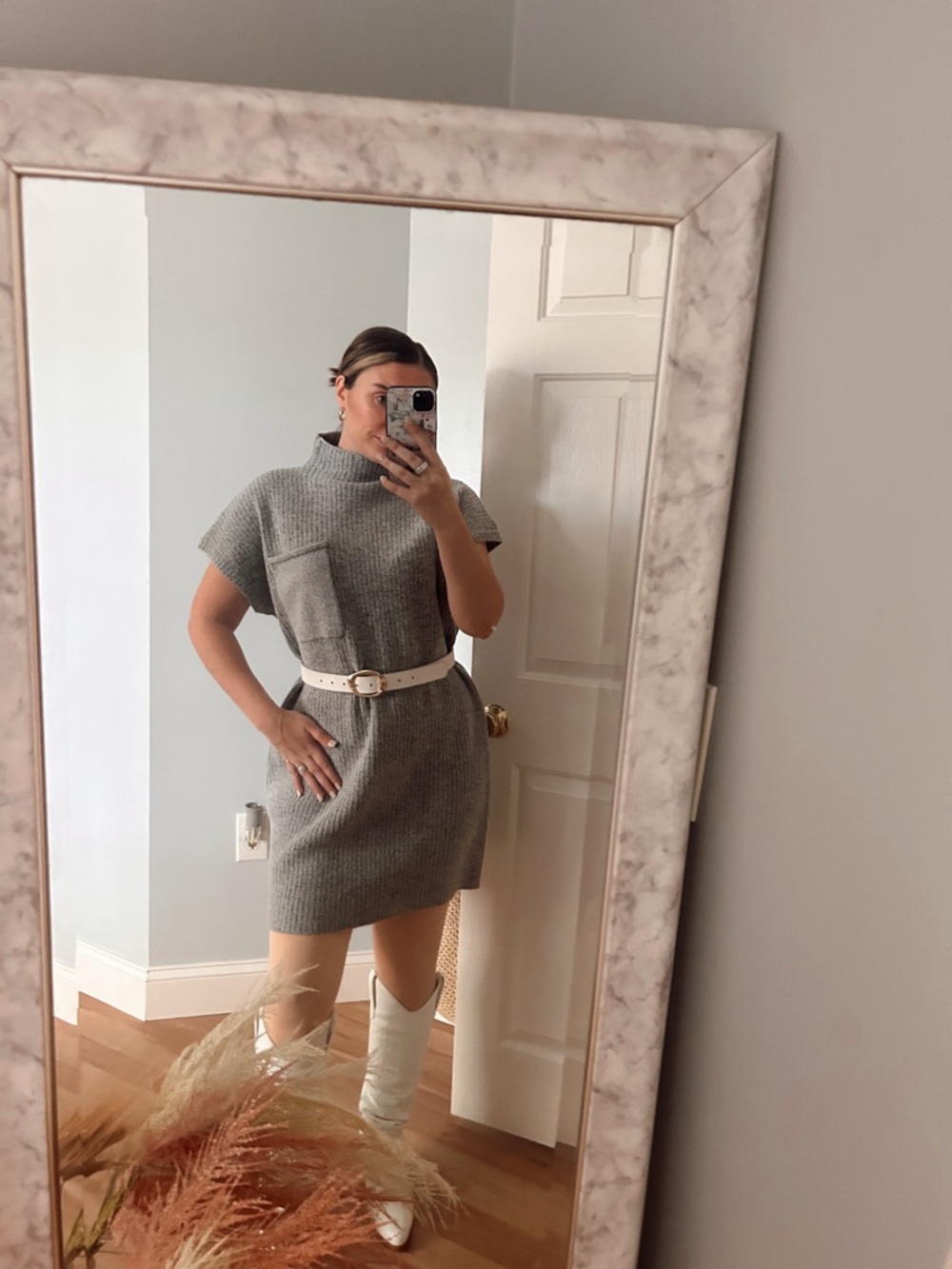 Grey Knit Short Sleeve Sweater Dress with Turtleneck
